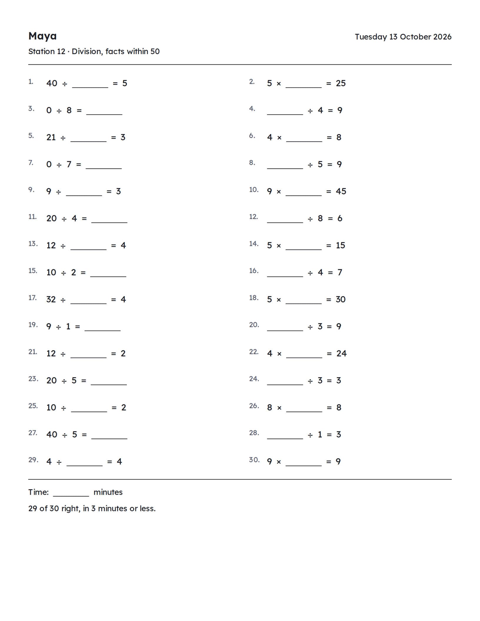 A printed Fluency sheet: the student's name, the date and the station, a grid of problems and a line for the time